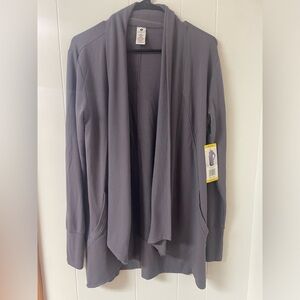 NWT Womens ACTIVE LIFE Gray Silver Bells Drape Open Front Thumb Holes Cardigan M